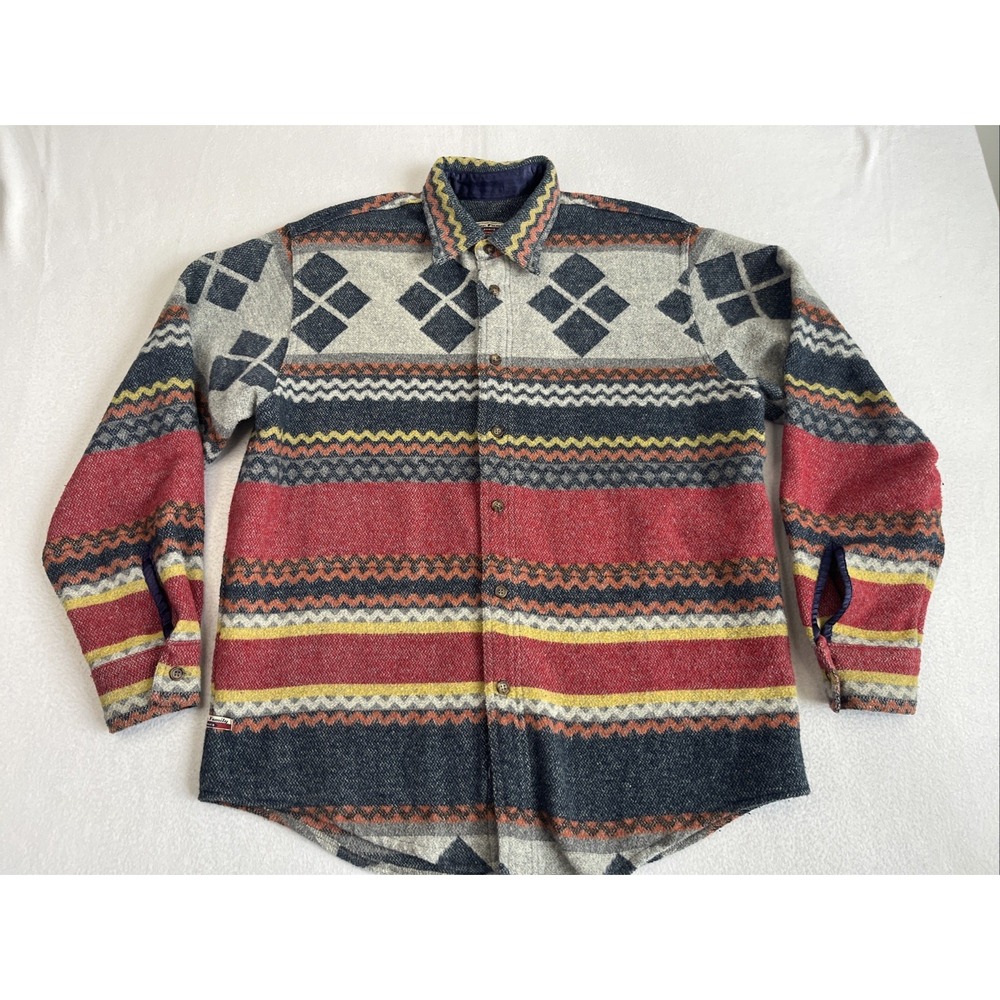 Vintage Blue Family Benetton Aztec Wool Flannel Shirt Mens Large Italy Plaid
